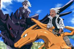  2boys :d ;d amethio_(pokemon) belt black_gloves black_shirt charizard clouds collared_shirt commentary_request copituji corviknight day friede_(pokemon) gloves highres jacket male_focus multiple_boys one_eye_closed open_clothes open_jacket open_mouth outdoors pants pokemon pokemon_(anime) pokemon_(creature) pokemon_horizons riding riding_pokemon shirt sky smile teeth vest yellow_eyes 