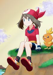  1girl bandana bike_shorts bike_shorts_under_skirt black_socks blue_eyes brown_hair closed_mouth clouds commentary gloves grass highres may_(pokemon) outdoors pokemon pokemon_(creature) pokemon_ruby/sapphire/emerald red_bandana shoes silverstars136 sitting skirt sky smile socks torchic white_skirt 