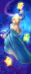  1girl :o absurdres blonde_hair blue_dress blue_eyes breasts brooch comet_observatory commentary_request crown dress earrings eyelashes full_body green_luma hair_over_one_eye highres holding holding_wand jewelry long_hair long_sleeves luma_(mario) medium_breasts rosalina solo space star_(sky) star_(symbol) star_brooch star_earrings super_mario_bros. super_mario_galaxy t0by_34 wand 