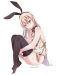  1girl alternate_costume black_legwear blonde_hair blush brown_eyes china_dress chinese_clothes dress eyebrows_visible_through_hair full_body hair_between_eyes highres hugging_own_legs kantai_collection kukimaru long_hair one-hour_drawing_challenge parted_lips shimakaze_(kancolle) simple_background solo thigh-highs twitter_username white_background white_dress 
