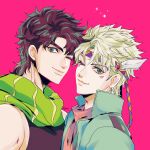  2boys battle_tendency blonde_hair blue_jacket caesar_anthonio_zeppeli facial_mark feather_hair_ornament feathers fingerless_gloves gloves green_scarf hair_ornament headband highres jacket jojo_no_kimyou_na_bouken joseph_joestar joseph_joestar_(young) kogatarou male_focus multiple_boys one_eye_closed pink_scarf scarf smile striped striped_scarf triangle_print 