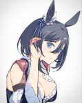  1girl animal_ears black_hair blue_eyes breasts choker chronoel detached_sleeves dirndl eishin_flash_(umamusume) eyebrows_visible_through_hair german_clothes highres horse_ears horse_girl horse_tail large_breasts red_choker short_hair simple_background solo tail umamusume upper_body 