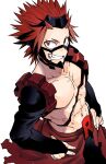  1boy abs boku_no_hero_academia chikichan collarbone costume detached_sleeves from_above hands_on_hips headgear kirishima_eijirou looking_at_viewer male_focus pectorals red_eyes redhead scar scar_across_eye scar_on_face sharp_teeth short_hair simple_background smile solo spiky_hair superhero teeth toned toned_male topless_male v-shaped_eyebrows 