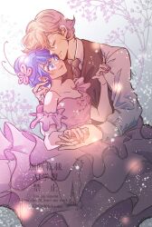  1boy 1girl adrien_agreste black_vest blonde_hair blue_eyes blue_hair closed_mouth collared_shirt commentary_request dress earrings hair_bun hair_ornament hetero highres jewelry k202840fukuona layered_dress long_sleeves marinette_dupain-cheng miraculous_ladybug necktie pink_dress shirt vest watermark 