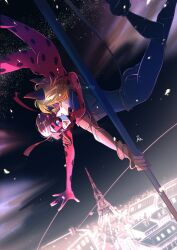  1boy 1girl adrien_agreste animal_ears artist_name black_bodysuit black_hair black_mask blonde_hair blue_eyes bodysuit cat_ears chat_noir colored_sclera commentary_request eiffel_tower eye_mask green_eyes green_sclera highres k202840fukuona ladybug_(miraculous_ladybug) marinette_dupain-cheng mask miraculous_ladybug open_mouth polka_dot_bodysuit red_bodysuit red_mask smile superhero_costume 