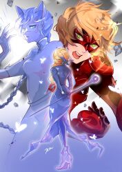  1boy 2girls adrien_agreste alternate_universe animal_ears armor blonde_hair blue_sclera bodysuit boots braid bug butterfly cane cat_ears coat colored_sclera commentary emilie_agreste english_commentary eye_mask gloves green_eyes hair_over_shoulder high_heel_boots high_heels highres holding holding_cane jewelry k202840fukuona lady_noir long_hair marinette_dupain-cheng mask miraculous_ladybug mister_bug_(miraculous_ladybug) multiple_girls open_mouth red_mask ring short_hair shoulder_armor signature single_braid very_long_hair very_short_hair white_bodysuit white_butterfly white_hair white_mask 