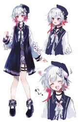  1girl animal_ears belt beret black_choker black_coat black_hat black_shoes choker closed_eyes closed_mouth coat collared_coat commentary_request dog_ears fang flower flower-trimmed_shorts flower-trimmed_sleeves frilled_socks frills gradient_hair hair_flower hair_ornament hashi_(hashikk0) hat hat_flower hat_ribbon highres kemonomimi_mode long_sleeves mahou_shoujo_no_majo_saiban multicolored_hair neck_ribbon o-ring o-ring_thigh_strap open_mouth pants pink_eyes pink_hair puffy_sleeves ribbon sakuraba_ema shirt shoes short_hair shorts simple_background sleeveless sleeveless_coat smile socks straight-on thigh_strap white_background white_flower white_hair white_pants white_ribbon white_shirt white_shorts white_sleeves white_socks x_hair_ornament 