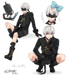  1boy 9s_(nier:automata) bishounen black_jacket black_shorts blindfold blue_bow bow character_request foi_mayuge hair_bow highres jacket large_bow looking_at_viewer multiple_views nier:automata nier_(series) robot shorts smile solo squatting white_hair 