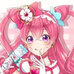  1girl :d blush choker commentary_request cure_precious delicious_party_precure earrings eyelashes hair_ornament hair_ribbon happy highres jewelry long_hair magical_girl nagomi_yui pink_choker pink_hair pink_theme precure ribbon simple_background sketch smile solo violet_eyes yuramero67 