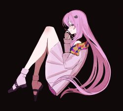  1girl :d black_background black_sandals blush bright_pupils character_request check_character commentary_request curled_up dress floating floating_hair from_side full_body hair_ornament hand_up highres holding long_hair long_sleeves looking_at_viewer looking_to_the_side megurine_luka off_shoulder open_mouth pink_dress pink_hair pink_socks plantar_flexion profile project_sekai sandals sideways_glance simple_background smile socks solo torishima_(oshiritorishima) very_long_hair vocaloid white_pupils 