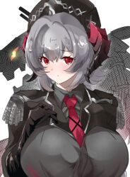  1girl azur_lane black_gloves breasts closed_mouth collared_shirt commentary_request elbow_gloves gloves grey_hair grey_shirt hair_between_eyes hand_on_own_chest horns ishizu_kayu large_breasts looking_at_viewer necktie nuernberg_(azur_lane) red_eyes red_necktie shirt upper_body 