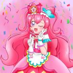  1girl :d blush choker commentary_request cure_precious delicious_party_precure earrings eyelashes hair_ornament hair_ribbon happy highres jewelry long_hair magical_girl mirror_buns nagomi_yui pink_choker pink_hair pink_theme precure ribbon simple_background sketch smile solo violet_eyes 