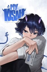  1girl absurdres arm_on_knee artist_name blue_eyes blue_hair demon_horns facebook_logo hair_between_eyes highres horns indonesian_text nopal_garpu original shirt short_hair sitting sleeves_rolled_up smile solo tail translation_request white_shirt 
