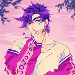  1boy battle_tendency birthmark blue_eyes green_eyes hand_on_own_face highres jacket joestar_birthmark jojo_no_kimyou_na_bouken joseph_joestar joseph_joestar_(young) kogatarou letterman_jacket off_shoulder pink_theme purple_hair solo spiky_hair star_sticker 