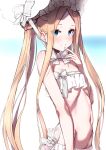  1girl abigail_williams_(fate) abigail_williams_(swimsuit_foreigner)_(fate) bangs bare_shoulders bikini blonde_hair blue_eyes blush bonnet bow braid breasts fate/grand_order fate_(series) forehead hair_bow hair_rings highres keyhole long_hair looking_at_viewer miniskirt navel parted_bangs sidelocks simple_background skirt small_breasts smile swimsuit takanashi_kei_(hitsujikan) twin_braids twintails very_long_hair white_background white_bikini white_bow white_headwear 