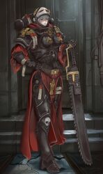  1girl absurdres adepta_sororitas armor boobplate chainsword commentary commission full_body helmet highres holding holding_skull kkghost_tv laurel_crown pauldrons pelvic_curtain power_armor purity_seal scar scar_on_face scar_on_nose shoulder_armor skull warhammer_40k wax_seal white_hair 