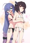  2girls :d ahoge bangs bare_arms bare_shoulders bikini black_bikini black_bow black_hair blue_eyes blue_hair blush bow braid closed_mouth collarbone eyebrows_visible_through_hair fang floral_background glasses gradient gradient_background gradient_hair grey_background hair_bow hair_ornament hairclip headgear heart hug hug_from_behind long_hair low-braided_long_hair multicolored_hair multiple_girls navel open_mouth otomachi_una purple_hair red-framed_eyewear red_eyes rkrk semi-rimless_eyewear side-tie_bikini signature smile sweat swimsuit talkex touhoku_kiritan twin_braids twintails twitter_username under-rim_eyewear very_long_hair voiceroid white_background white_bikini 