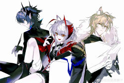 1girl 2boys absurdres ahoge animal_ears antenna_hair arknights black_gloves black_jacket black_pants black_shirt black_shorts blonde_hair blue_hair commentary_request demon_boy demon_girl demon_horns fur_trim gloves grey_hair hair_between_eyes highres holding holding_paper horns horse_boy horse_ears jacket jin_wo_zai_shou_zhong_de logos_(arknights) long_hair looking_at_viewer mlynar_(arknights) multicolored_hair multiple_boys open_clothes open_jacket open_mouth orange_eyes pants paper pointy_ears quill red_eyes red_jacket shirt short_hair short_shorts shorts simple_background sitting smile w_(arknights) watermark weibo_watermark white_background white_hair yellow_eyes 