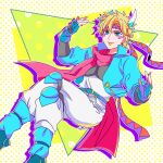  1boy blonde_hair blue_eyes blue_footwear caesar_anthonio_zeppeli facial_mark feather_hair_ornament feathers fingerless_gloves floating gloves hair_ornament headband jojo_no_kimyou_na_bouken knee_pads kogatarou male_focus pink_scarf polka_dot polka_dot_background scarf solo triangle_print yellow_lips 