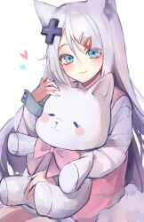  1girl absurdres animal_ear_fluff animal_ears blue_eyes blush breasts commentary d-pad d-pad_hair_ornament fox_ears fox_girl hair_ornament hairclip highres holding holding_stuffed_toy holding_toy hugging_object large_breasts long_hair looking_at_viewer meridian_project mizuki_(vtuber) smile solo stuffed_animal stuffed_toy tokkieee_qian toy virtual_youtuber white_hair 