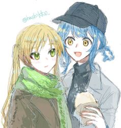  2girls alternate_costume artist_name black_hat black_sweater blonde_hair blue_hair braid braided_hair_rings brown_jacket green_eyes green_scarf hair_rings hashi_(hashikk0) hat jacket long_hair looking_at_another mahou_shoujo_no_majo_saiban multiple_girls oekaki open_mouth scarf short_hair signature simple_background smile sweater tachibana_sherry tono_hanna turtleneck twintails twitter_username white_background white_jacket yellow_eyes yuri 