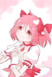  aroze blush bow bow_choker choker closed_mouth commentary_request dress dress_bow frilled_sleeves frills gloves hair_between_eyes hair_bow hands_on_own_chest highres kaname_madoka kaname_madoka_(magical_girl) magical_girl mahou_shoujo_madoka_magica mahou_shoujo_madoka_magica_(anime) pink_dress pink_eyes pink_hair puffy_short_sleeves puffy_sleeves red_choker short_dress short_hair short_sleeves smile upper_body white_gloves 