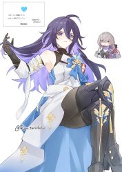  2girls absurdres ahoge black_boots black_gloves black_pantyhose boots breasts bronya_rand bronya_rand_(cosplay) commentary_request cosplay costume_switch crossed_legs detached_sleeves dress gloves grey_hair highres honkai:_star_rail honkai_(series) invisible_chair long_hair multicolored_hair multiple_girls pantyhose purple_hair request_inset ryn_torishiba seele_(honkai:_star_rail) seele_(honkai:_star_rail)_(cosplay) sitting small_breasts smile translation_request twitter_username two-tone_hair very_long_hair violet_eyes wavebox white_dress 