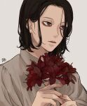  1boy bishounen black_hair brown_eyes closed_mouth collared_shirt commentary_request constricted_pupils flower grey_shirt hair_over_one_eye highres holding holding_flower kagoya1219 looking_away male_focus original red_flower shirt short_hair signature simple_background solo upper_body white_background 