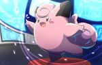  :d blurry claws clefairy commentary_request fang full_body indoors leg_up no_humans oooise open_mouth outstretched_arms pokemon pokemon_(creature) smile solo standing standing_on_one_leg tongue 