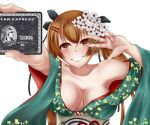  1girl absurdres american_express bangs bare_shoulders blush breasts brown_eyes brown_hair card cherry951753 eyebrows_visible_through_hair flower girls_frontline hair_flower hair_ornament hair_ribbon hairclip highres holding holding_card japanese_clothes kimono long_hair looking_at_viewer medium_breasts official_alternate_costume open_clothes open_kimono open_mouth ribbon scar scar_across_eye smile solo teeth twintails ump9_(girls&#039;_frontline) upper_body v white_background 