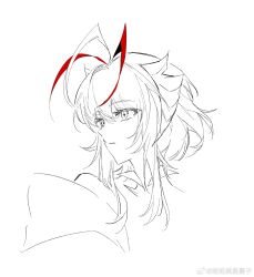  1girl antenna_hair arknights chinese_commentary closed_mouth commentary_request demon_girl demon_horns expressionless greyscale highres horns jin_wo_zai_shou_zhong_de monochrome multicolored_hair portrait red_hair sidelocks simple_background sketch solo spot_color w_(arknights) watermark weibo_watermark white_background 