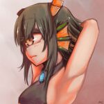  1girl absurdres armpits arms_behind_head arms_up at2. black_hair brown_eyes closed_mouth cyclops expressionless guardian_(minecraft) highres looking_away minecraft one-eyed personification short_hair solo 