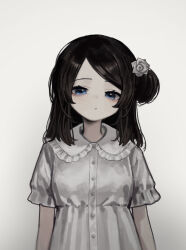  1girl absurdres black_hair blue_eyes bored breasts child commentary dot_nose dress_shirt flower frilled_shirt frills hair_bun hair_flower hair_ornament head_lift highres looking_down original parted_bangs shirt short_sleeves sidelocks single_side_bun sleepy small_breasts solo white_background white_flower white_shirt yoon_cook 