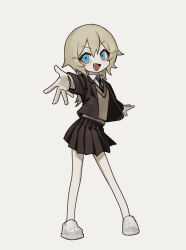  1girl :d black_jacket black_necktie black_skirt blonde_hair blue_eyes brown_sweater_vest collared_shirt commentary crocs fang furrowed_brow highres jacket knees necktie open_mouth original posing reaching reaching_towards_viewer shirt shoes sidelocks simple_background skirt smile solo standing suit_jacket sweater_vest thighs white_background white_shoes yoon_cook 