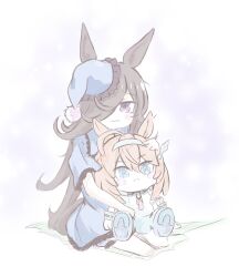  1girl animal_ears black_trim blue_dress blue_eyes blue_hat brown_hair commentary_request dress fluffy_hair gutei_tei hat highres holding holding_stuffed_toy horse_ears horse_girl horse_tail horseshoe hugging_object long_hair mihono_bourbon_(umamusume) nightcap one_eye_covered rice_shower_(umamusume) seiza sitting stuffed_toy tail umamusume violet_eyes 