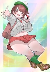  1girl artist_request brown_eyes brown_hair brown_shoes gloria_(pokemon) green_socks highres holding holding_poke_ball navel one_eye_closed poke_ball poke_ball_(basic) pokemon pokemon_sword_and_shield red_skirt shoes skirt socks solo tagme thick_thighs thighs toyishiki_shizuoka 
