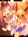  1girl :d :o braid braided_ponytail brown_eyes chitozen_(pri_zen) chloe_(pokemon) commentary_request eevee eyelashes fire green_eyes hat hat_ribbon highres letterboxed long_hair looking_at_viewer mini_hat open_mouth outside_border pink_ribbon pointing pokemon pokemon_(anime) pokemon_(creature) pokemon_swsh_(anime) purple_shorts ribbon shorts smile teeth tongue twitter_username upper_teeth watermark white_headwear 