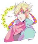  1boy battle_tendency blonde_hair blue_jacket caesar_anthonio_zeppeli facial_mark feather_hair_ornament feathers flower green_eyes hair_ornament headband heart jacket jojo_no_kimyou_na_bouken kogatarou male_focus one_eye_closed pink_scarf scarf smile solo sunflower wreath 