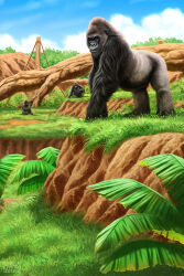  animal animal_focus clouds full_body gorilla grass highres johannatarkela looking_at_viewer nature no_humans official_art outdoors painterly realistic rock scenery sky watermark zoo zoo_tycoon 