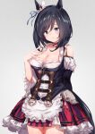  1girl animal_ears black_hair blue_eyes breasts choker detached_sleeves dirndl eishin_flash_(umamusume) eyebrows_visible_through_hair german_clothes highres horse_ears horse_girl horse_tail large_breasts red_choker ryuryuasmr short_hair simple_background solo tail umamusume upper_body 