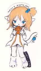  1girl animal animal_ears animal_hands blue_eyes cat_ears cat_tail colored_skin commission full_body gloves happy_birthday holding holding_animal medium_hair orange_hair orb original paw_gloves paw_shoes scan second-party_source si-ku striped_clothes tail thigh-highs traditional_media vertical-striped_clothes white_background white_skin white_thighhighs 