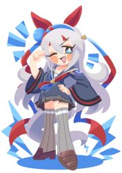  1girl animal_ears blue_eyes blue_hairband blue_neckerchief blue_sailor_collar blue_shirt blush commentary_request ear_covers fang grey_hair grey_skirt grey_tail grey_thighhighs hair_between_eyes hairband hand_on_own_hip headband highres horse_ears horse_girl horse_tail lightning_bolt_print long_hair long_sleeves multicolored_hairband multiple_girls neckerchief one_eye_closed open_mouth pleated_skirt prototype_design red_headband red_neckerchief sailor_collar school_uniform serafuku shinsei_tomato shirt skirt smile striped_clothes striped_hairband tail tamamo_cross_(umamusume) thigh-highs two-tone_hairband umamusume very_long_hair 