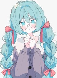  1girl alternate_hairstyle aqua_eyes aqua_hair aqua_nails bespectacled black_buttons blush bow braid braided_twintails commentary_request dot_nose fingernails glasses grey_sweater hair_between_eyes hair_bow hair_intakes hatsune_miku highres long_sleeves looking_at_viewer nail_polish own_hands_together parted_lips pink_bow portrait round_eyewear simple_background solo sweater tori_(tori_nankotsu96) vocaloid white_background 