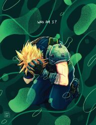  1boy armor blonde_hair blue_pants blue_sweater brown_gloves cloud_strife elenimut_art english_commentary english_text final_fantasy final_fantasy_vii full_body gloves hands_on_own_head highres kneeling male_focus pants ribbed_sweater short_hair shoulder_armor sleeveless sleeveless_turtleneck solo spiky_hair sweater turtleneck turtleneck_sweater 
