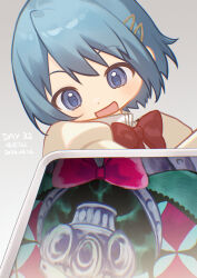  1girl :d absurdres blue_eyes blue_hair dated different_reflection dot_nose gradient_background hair_ornament hairclip highres it's_all_a_matter_of_angle_(meme) juliet_sleeves kurokami_nekoya light_blush long_sleeves mahou_shoujo_madoka_magica mahou_shoujo_madoka_magica_(anime) meme miki_sayaka mitakihara_school_uniform oktavia_von_seckendorff open_mouth puffy_sleeves red_ribbon reflection ribbon school_uniform shirt short_hair signature smile white_shirt witch_(madoka_magica) yellow_shirt 