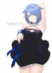  1girl absurdres ahoge animal_ears arm_ribbon arm_up armpits artist_name bare_arms black_dress blue_hair blue_ribbon cat_ears chilli_646 cleavage_cutout clothing_cutout commentary cowboy_shot detached_collar dress highres original ribbon short_hair simple_background solo white_background yellow_eyes 