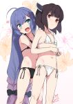  2girls :d ahoge bangs bare_arms bare_shoulders bikini black_bikini black_bow black_hair blue_eyes blue_hair blush bow braid closed_mouth collarbone eyebrows_visible_through_hair fang floral_background gradient gradient_background gradient_hair grey_background hair_bow hair_ornament hairclip headgear heart hug hug_from_behind long_hair low-braided_long_hair multicolored_hair multiple_girls navel open_mouth otomachi_una purple_hair red_eyes rkrk side-tie_bikini signature smile sweat swimsuit talkex touhoku_kiritan twin_braids twintails twitter_username very_long_hair voiceroid white_background white_bikini 