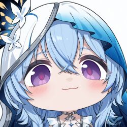 1girl :3 ah_san blue_hair blush chibi chibi_only closed_mouth eyebrows_visible_through_hair hood looking_at_viewer medium_hair purple_eyes shorekeeper_(wuthering_waves) smile solo veil wuthering_waves