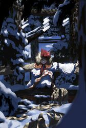  1girl absurdres bangs bird_tail bird_wings black_footwear blonde_hair blush crescent dress eyebrows_visible_through_hair feathered_wings full_body hair_between_eyes highres kajatony kneeling large_wings long_sleeves looking_at_viewer multicolored_hair neckerchief niwatari_kutaka open_hand orange_dress outdoors outstretched_arm patterned_clothing pine_tree red_neckerchief redhead rope shide shimenawa shoes short_hair smile snow solo tail torii touhou tree two-tone_hair very_long_tail vest white_vest wide_sleeves wings winter yellow_eyes yellow_wings 