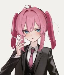  ahoge black_jacket black_vest blue_eyes cigarette collared_shirt cursor dot_nose facing_viewer fang furrowed_brow hair_between_eyes holding holding_cigarette jacket long_hair necktie open_mouth original pink_hair pink_necktie shirt smoking suit_jacket twintails upper_body vest white_background white_shirt yoon_cook 